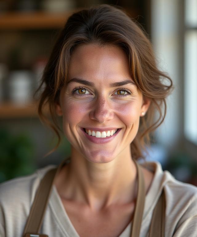 Porträt von Anja Müller, der Gründerin, die in ihrer Werkstatt lächelt.