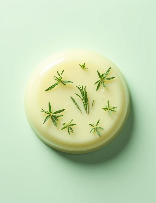 Rundes, festes Shampoo mit Rosmarinstückchen.