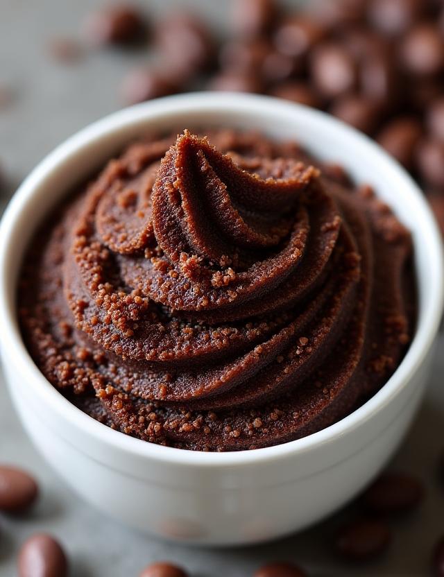 Dunkles Kaffee-Körperpeeling in einer Schale.