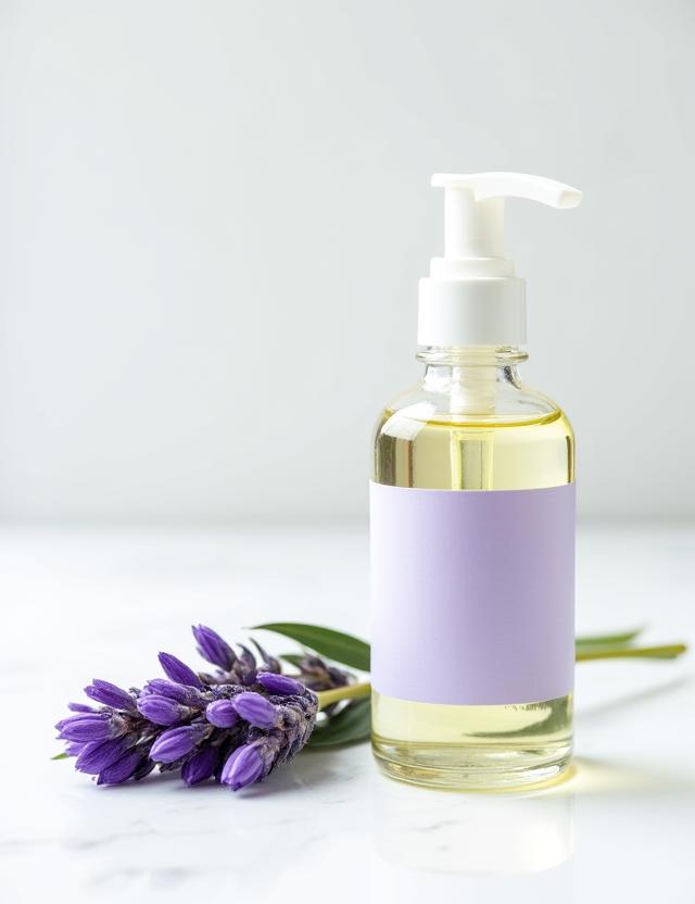 Glasflasche mit Lavendel-Körperöl und einem Lavendelzweig daneben.