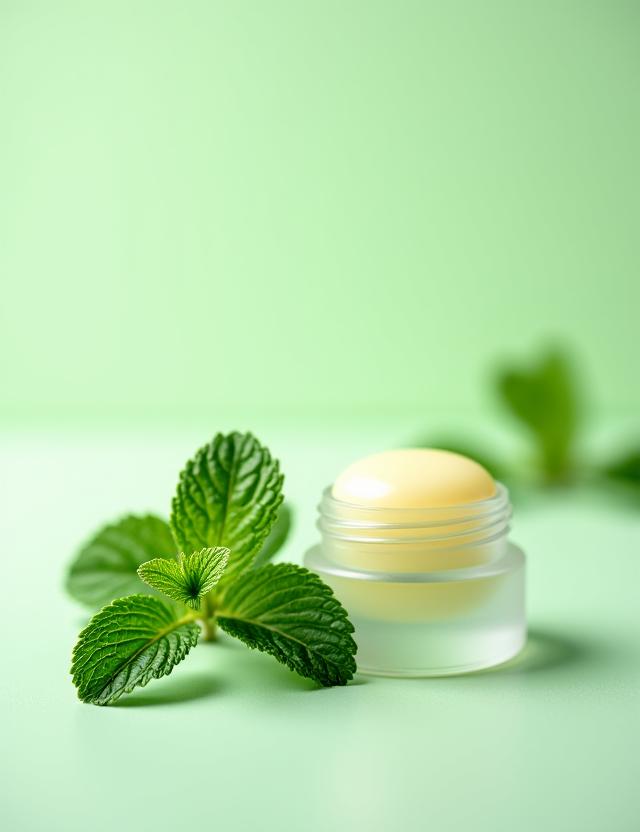 Kleiner Lippenbalsam-Tiegel mit frischen Minzblättern.