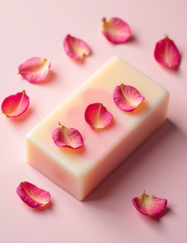 Handgemachte Rosenseife mit echten Blütenblättern.
