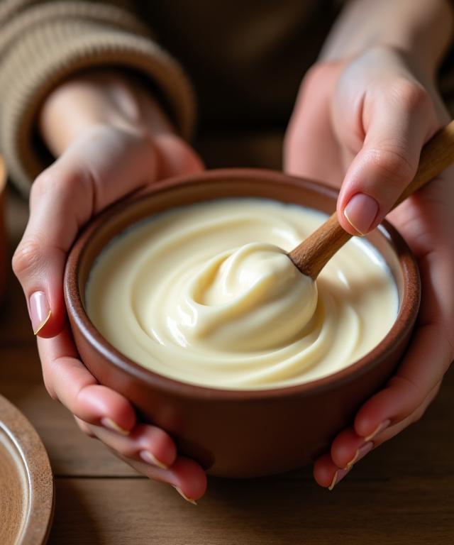 Hände, die sorgfältig eine Creme in einem Keramikgefäss anrühren.