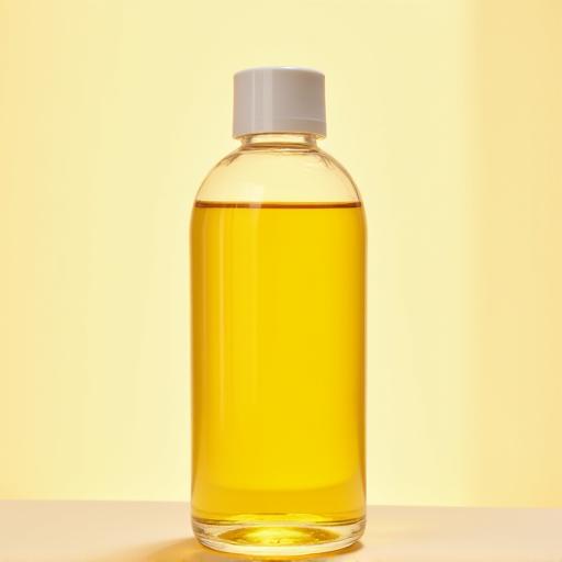 Goldenes Jojobaöl in einer klaren Glasflasche.